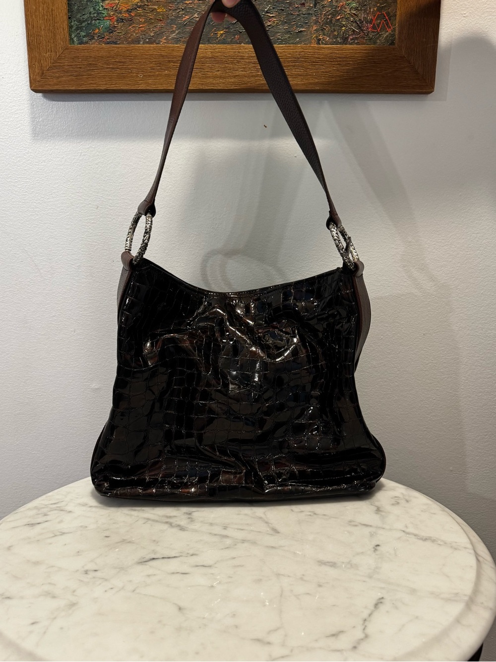 Brighton Patent Leather Croc Brown Shoulder Bag
